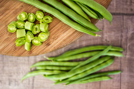 Fresh green beans on woodenの写真素材