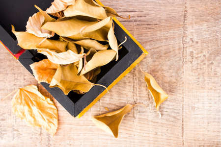 Yellow dry autumn leaves on wooden tableの写真素材