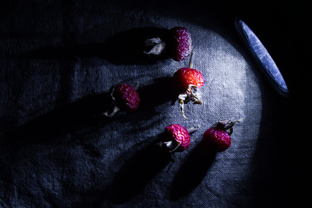 Dried berries rose hips under light flashlight on burlap