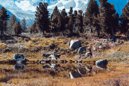 The peak view from the shore of a mountain lake. Journey through the hill country. Tourist attractions, natural beauty.の写真素材
