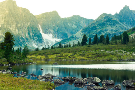 Beautiful mountain lake in the rocky summer day