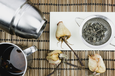 Dry green tea. Objects for tea. Tea ceremony.