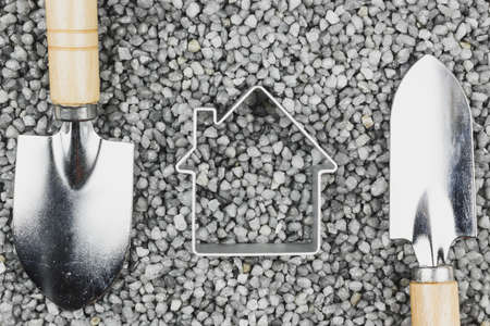 Trowel on the gray gravel. Garden tools, gardening.の写真素材