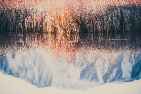 Reflection of peaks of rocks in the mirror of a mountain lakeの写真素材