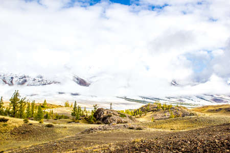 View of the mountain range under the thick clouds. Landscape with hills, pine trees in a mountain valley. Travelling to the rocks, autumn mood.の写真素材
