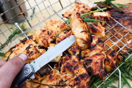 Grilled meat and knife for cookingの写真素材