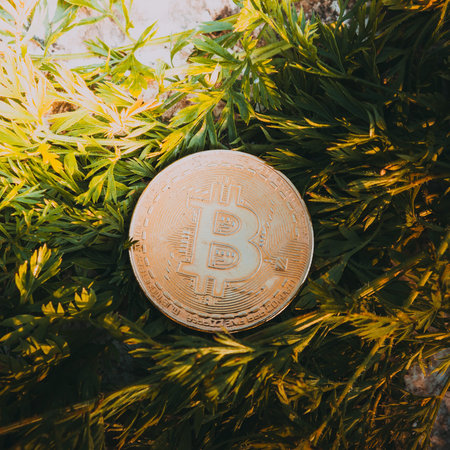 Bitcoin onbackground of green grass. Investment in cryptoavlutu, income growth and mining