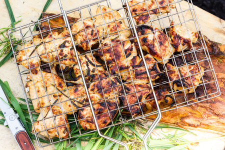 Cooking meat on fire. Fry meat on metal grid. Barbecue on nature for party.の写真素材