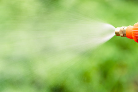 Watering beds and plants in summer garden from sprinkler