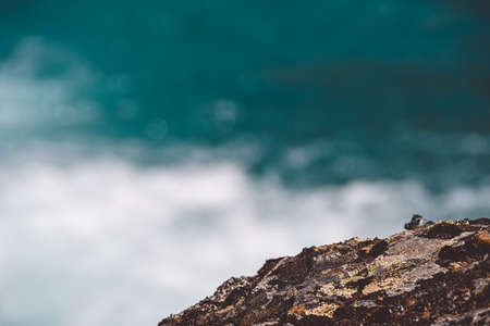 Rock on shore of blue sea. Turquoise mountain lake, the surface of riverの写真素材