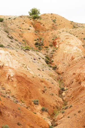 Rocks in canyon of dry river bed. Drought due to climate change. Soil erosion of hills. Red sand in mountainsの写真素材