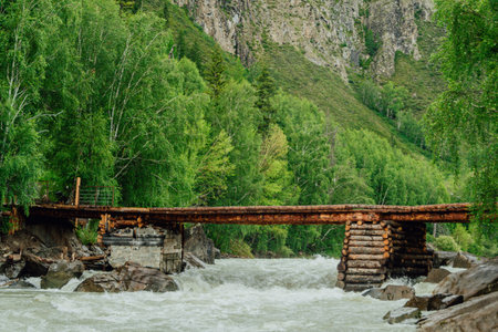 Wooden bridge of logs on mountain river. Crossing for pedestrians over fast creek