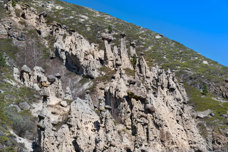 Stone mushrooms under blue sky in the valley of Chulyshman River, Altai Republic. Natural monument,...