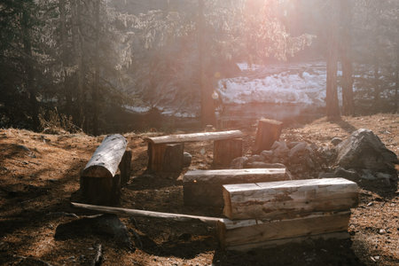 Hiking hearth for outdoor recreation. Wooden benches and tables for eating. Tourist camping, place for bonfire and socializing. Cozy campsite with fireplaceの写真素材