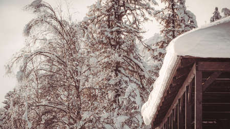 Roof of wooden house is covered with snow. Sudden snowfall poured frost and ice. Cleaning shelter to preserve heat exchange. Hunter Forest Hutの写真素材