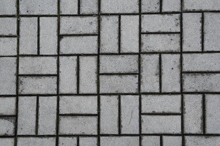 Gray paving stones after rain as background. road surface in urban environment. transport infrastructure. Brick wall as abstractionの写真素材