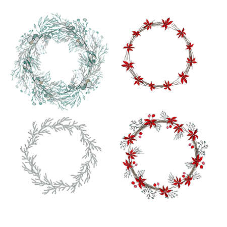 Christmas wreath with poinsettia and berries. Template for season and christmas design, greeting cards, invitations and decorations, Vector illustrationのイラスト素材