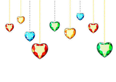 Wallpaper with colorful gems. Color diamonds in the shape of a heart. Postcard with colorful gems. Colored gems of different cut.Multicolored gems.のイラスト素材