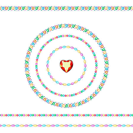 Postcard with colorful gems. Colored gems of different cut.Gold chains with gems of different cut. Accessories with multicolored diamonds for women.のイラスト素材