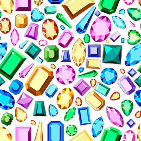 Pattern with multi-colored diamonds. Wallpaper with colorful gems. Postcard with colorful gems. Colored gems of different cut.のイラスト素材