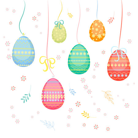 Colorful eggs for the Easter holiday. Easter set of eggs with beautiful pictures.のイラスト素材