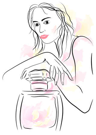 Linear drawing fashionable girl with a perfume. Perfume fragrance develops around a stylish woman. Floral fragrance of pink perfume on the neck of a modern girl.のイラスト素材