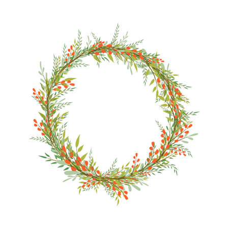 Greeting card with a bright spring wreath. Forest herbs, berries, flowers are woven into a wreath.のイラスト素材