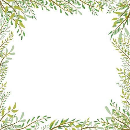 Stylish template for a photo with a spring pattern. Green leaves of trees on a white background.のイラスト素材