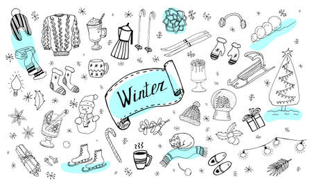 Set of winter doodles. Hand drawing styles winter items. Winter elements drawn in a doodled style. Winter doodles collection.のイラスト素材