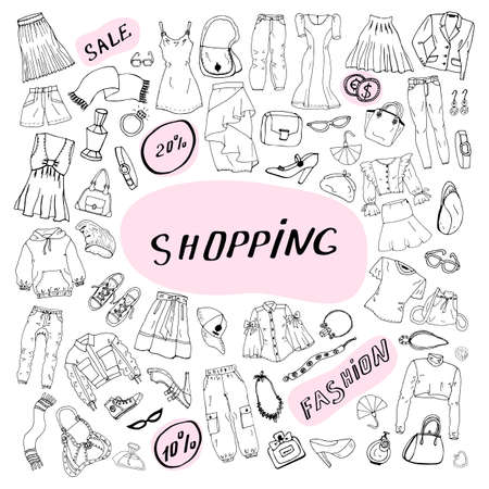 Set of doodles of clothes, bags and shoes. Fashion sketches. Jewelry collection. Casual style. Fashion doodles. Clothes sketches. Travel baggage. Denim clothing. Dress. Skirt. Blazer. Leggings. Blouse. T-shirt.のイラスト素材