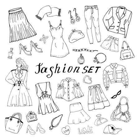 Set of doodles of clothes, bags and shoes. Fashion sketches. Jewelry collection. Casual style. Fashion doodles. Clothes sketches. Travel baggage. Denim clothing. Dress. Skirt. Blazer. Leggings. Blouse. T-shirt.のイラスト素材
