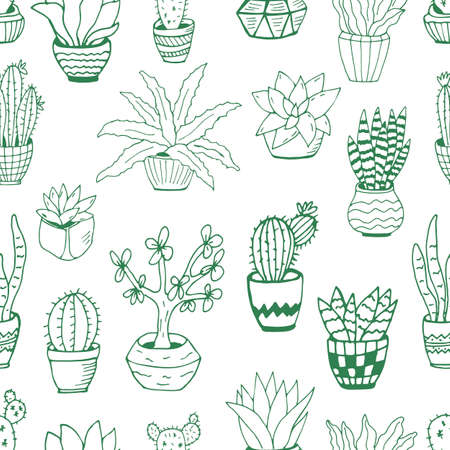 Seamless pattern with a set of hand drawn houseplants in pots. Big set cute of hand drawn house plants in pots including cactus, dracena, aloe and others, and garden tools.のイラスト素材