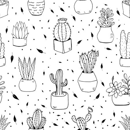 Big set cute of hand drawn house plants in pots including cactus, dracena, aloe and others, and garden tools. Vector collection of doodle plants.のイラスト素材