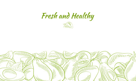 Vector hand drawn avocado and slices set. Sketch of a whole avocado, sliced ââand leaves. Botanical illustration of avocado. Juicy tropical fruits.Great for labels, posters, prints.のイラスト素材