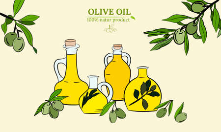 Olive fruit, branches tree and olive oil bottle sketches set. Set of illustrations of olive branch.Olive tree branch hand drawn illustration in sketch style. Design elements for label, emblem, banner.のイラスト素材