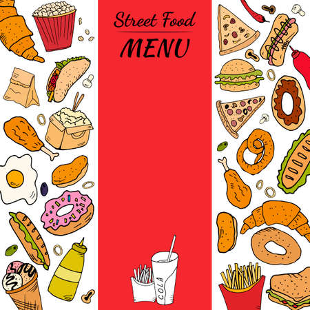 Hand drawn set with fast food. Vector illustration in the style of a sketch. Fast food restaurant and fast food menu.のイラスト素材