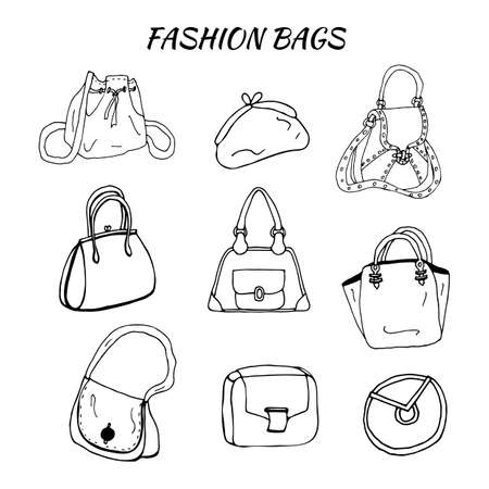 Hand drawn set of fashion women's bags. Set of fashion doodles of bags. Set of hand drawn online fashion shopping. Fashion sketches. Casual style. Sketches of clothes.のイラスト素材