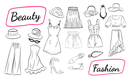 Hand drawn set of fashion women's clothing and accessories. Set of fashion doodles of clothes, hats and shoes. Set of hand drawn online fashion shopping. Casual style. Sketches of clothes.のイラスト素材
