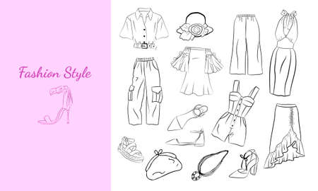 Hand drawn set of fashion women's clothing and accessories. Set of fashion doodles of clothes, hats, bags and shoes. Set of hand drawn online fashion shopping. Fashion sketches. Casual style.のイラスト素材