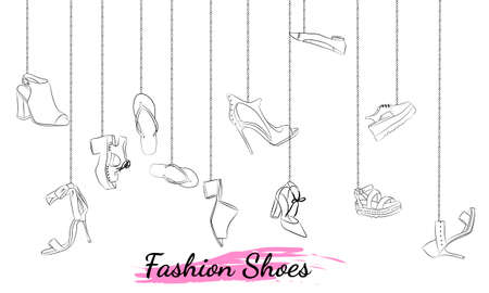 Hand drawn set of fashion women's shoes. Set of hand drawn online fashion shopping. Fashion sketches. Casual style. Sketches of summer shoes.のイラスト素材