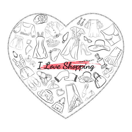 Hand drawn set of fashion women's clothing and accessories. Set of fashion doodles of clothes, hats, bags and shoes. Set of hand drawn online fashion shopping. Fashion sketches. Casual style.のイラスト素材