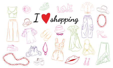 Hand drawn set of fashion women's clothing and accessories. Set of fashion doodles of clothes, hats, bags and shoes. Set of hand drawn online fashion shopping. Fashion sketches. Casual style.のイラスト素材