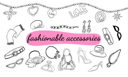 Hand drawn set of fashion women's clothing and accessories. Set of fashion doodles of hats, bags and shoes. Set of hand drawn online fashion shopping. Fashion sketches. Casual style.のイラスト素材