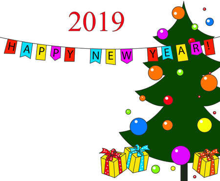 Christmas tree, gifts, balls new year 2019 white backgroundの写真素材