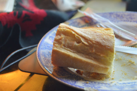 Plate of food with a piece of bread