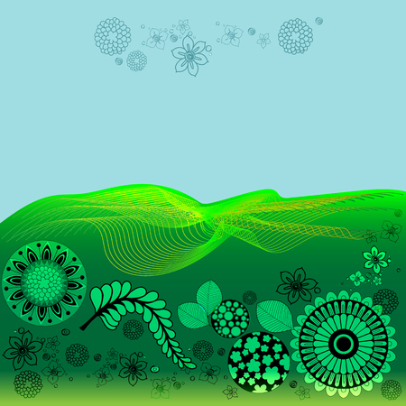 green-blue background with abstract flowers and linesのイラスト素材