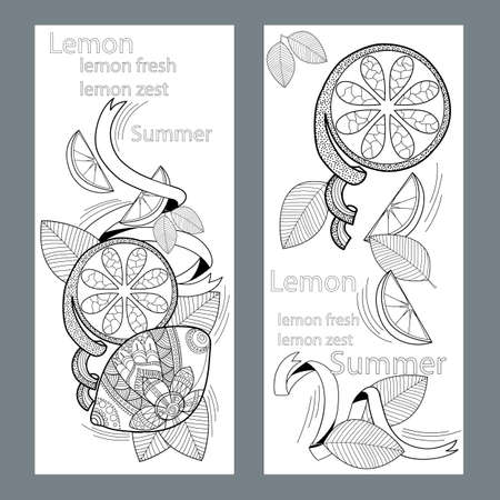 Lemon and lemon slices pattern on a white background, in the style of zentangleのイラスト素材