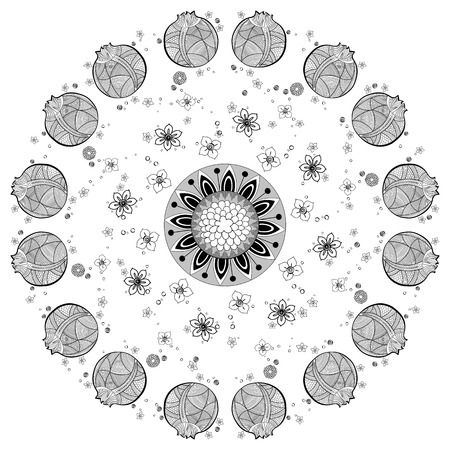 pattern in circle with pomegranates and flowersのイラスト素材