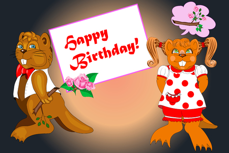 beavers in the style of animation happy birthdayのイラスト素材