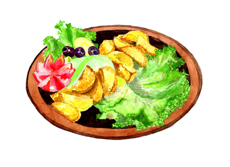 A dish of fried potatoes, cucumbers, lettuce, and tomato. Watercolor illustrationの写真素材